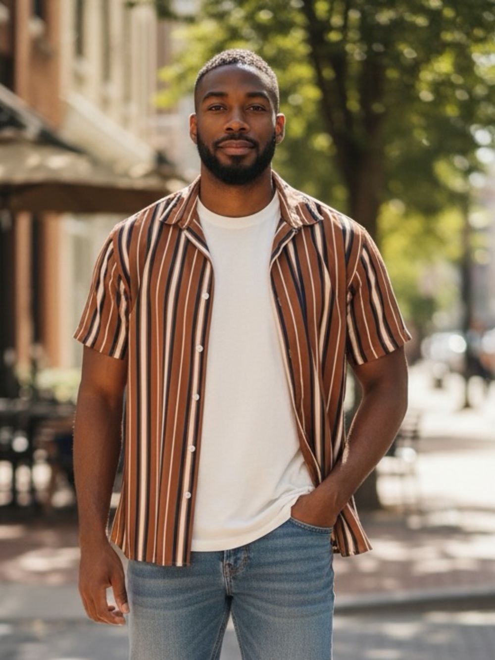 SHEIN Men’s Size M Brown Navy Cream Vertical Stripe Short Sleeve Button Up Shirt